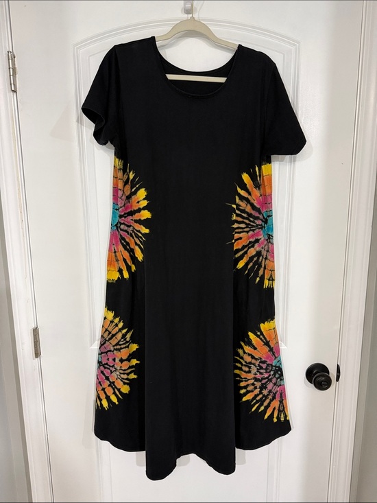 Hand Crafted Dresses & Skirts - Hand Crafted Black Midi Dress with Multicolor Tie-Dye Accents